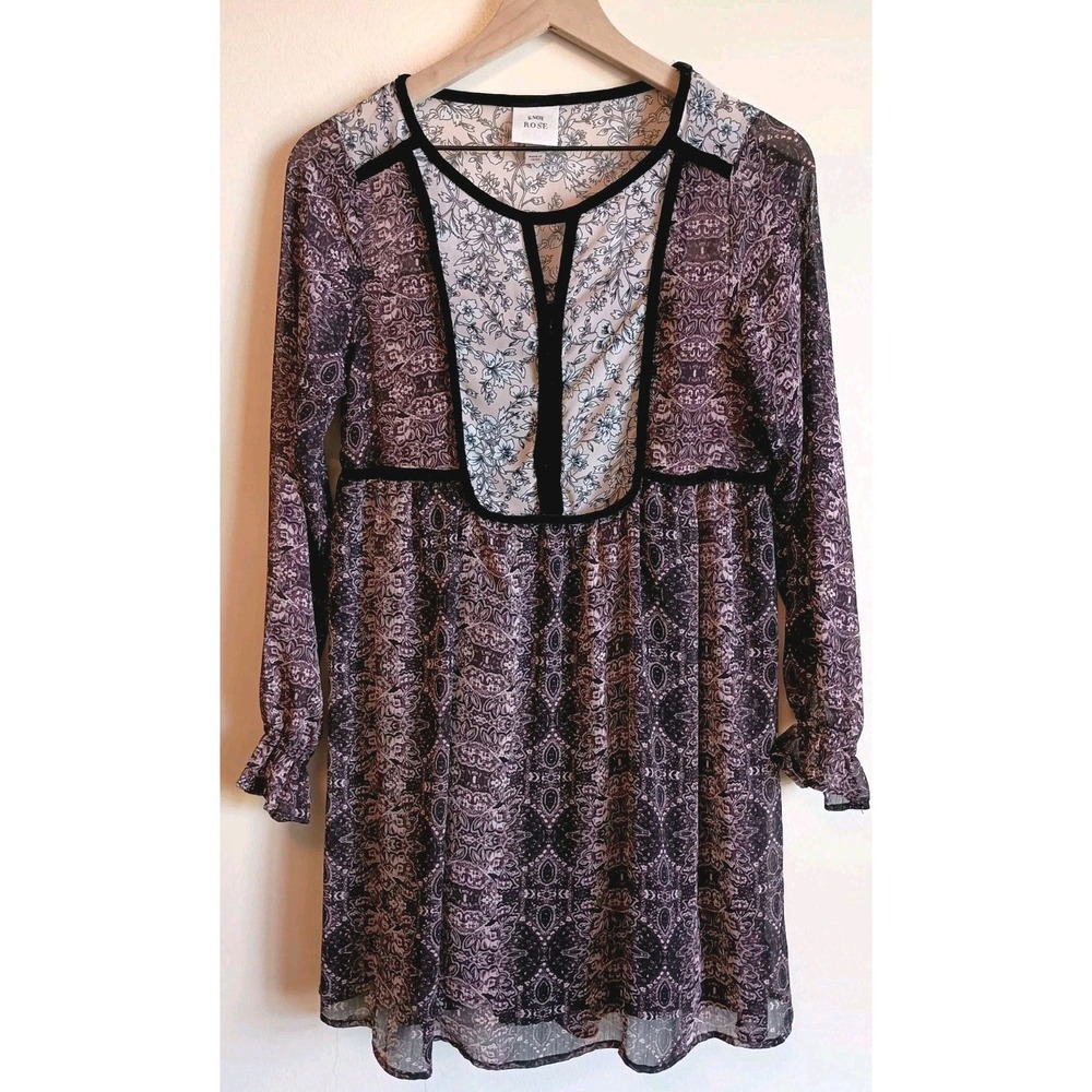 Knox Rose Mixed Print Velvet Trim Peasant Dress‎ XS Sheer Boho Tunic Lined
